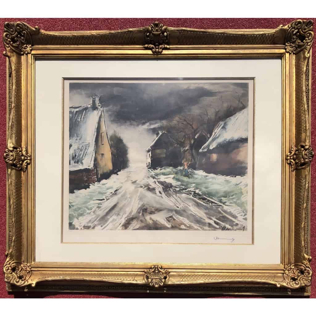 VLAMINCK Maurice de Rue de village enneigée Estampe originale signée et numérotée. | Biron |||||||