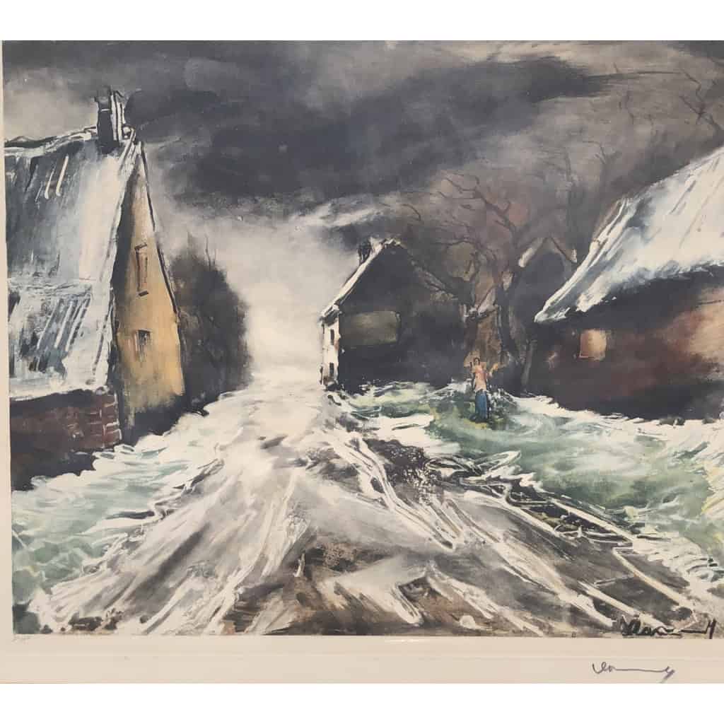 VLAMINCK Maurice de Rue de village enneigée Estampe originale signée et numérotée. | Biron VLAMINCK Maurice de Rue de village enneigée Estampe originale signée et numérotée.