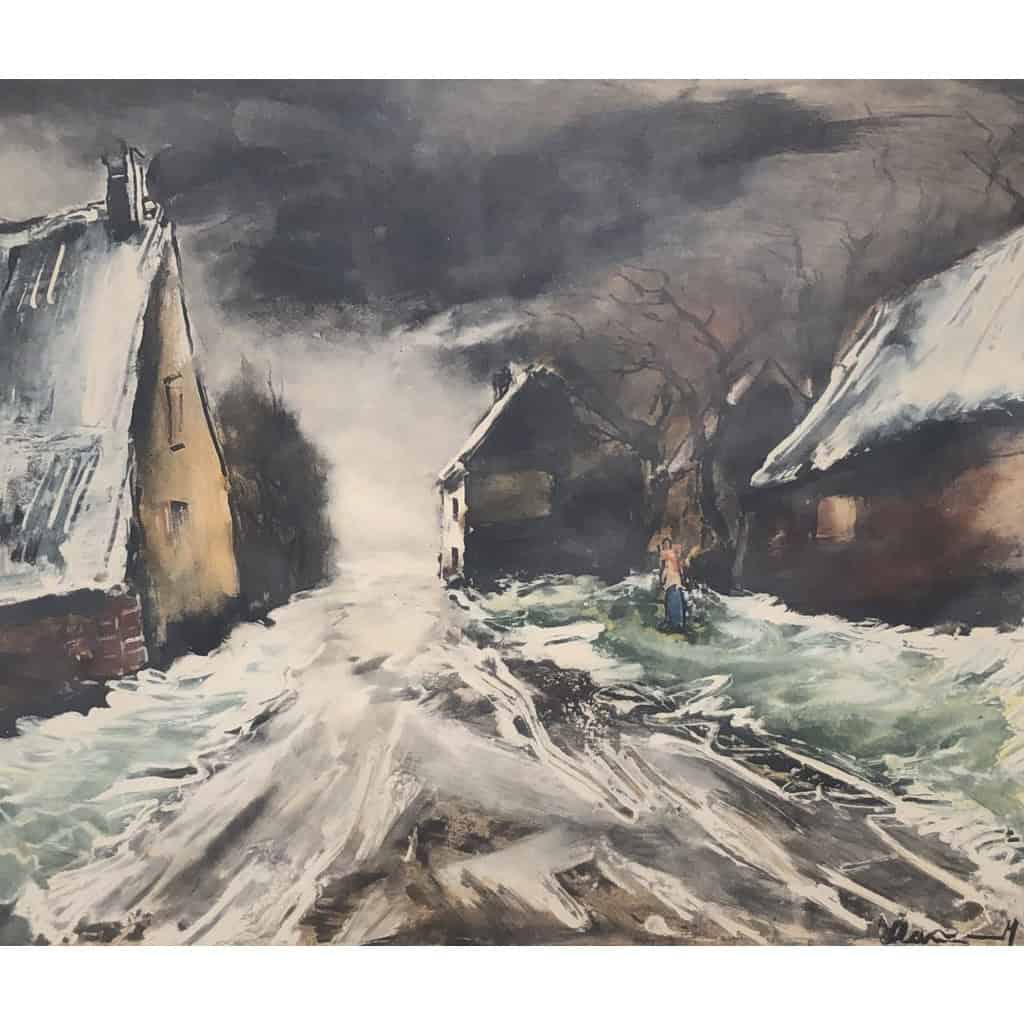 VLAMINCK Maurice de Rue de village enneigée Estampe originale signée et numérotée. | Biron VLAMINCK Maurice de Rue de village enneigée Estampe originale signée et numérotée.
