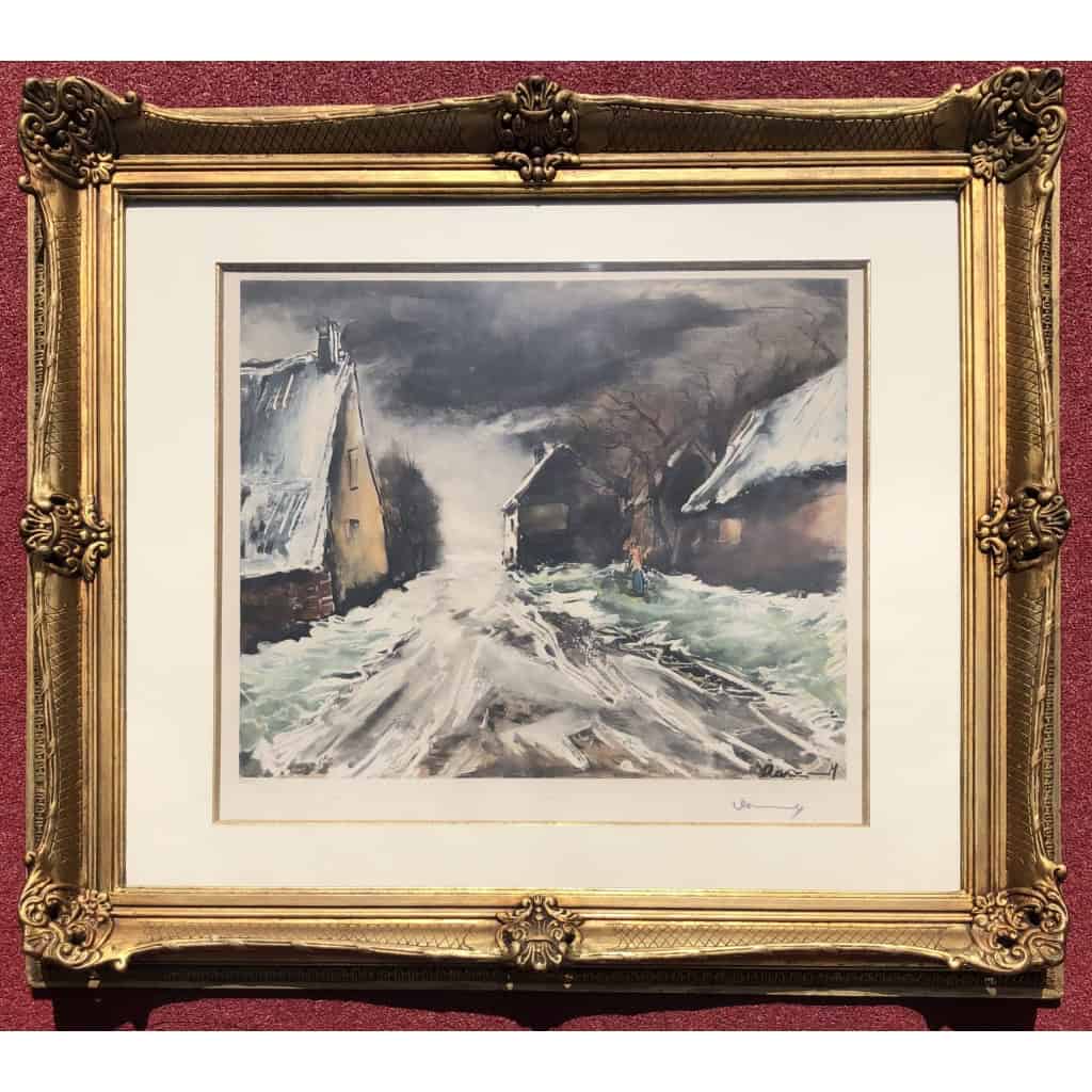 VLAMINCK Maurice de Rue de village enneigée Estampe originale signée et numérotée. | Biron VLAMINCK Maurice de Rue de village enneigée Estampe originale signée et numérotée.