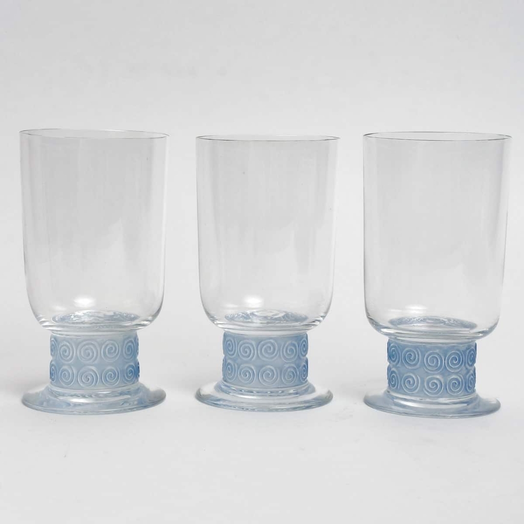 Suite de Trois Verres « Chinon » verre blanc patiné bleu de René LALIQUE | Biron ||||||