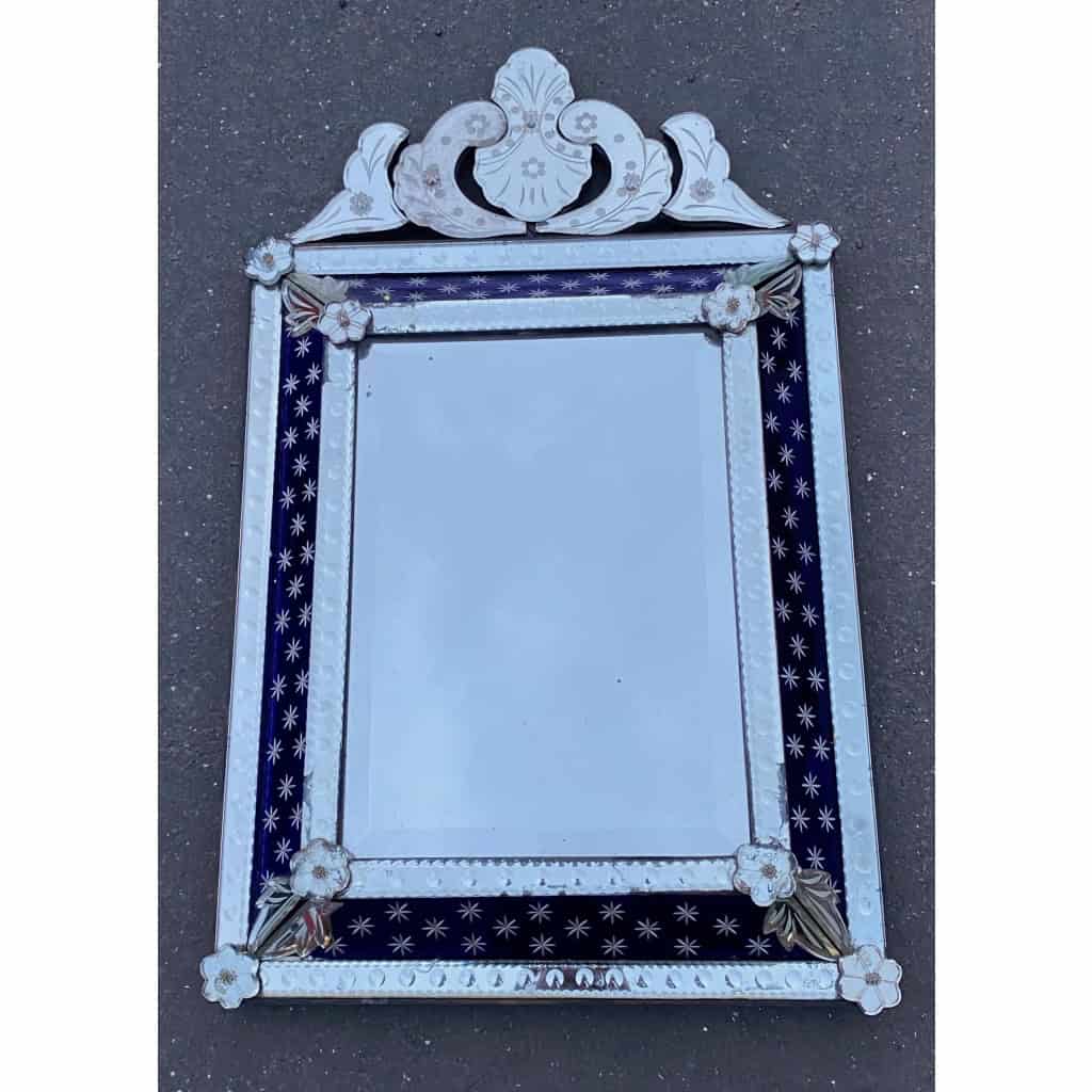 1950/60 ‘ Miroir N3 Venise Rectangulaire à Fronton Avec Cadre en Verre Bleu Orné D Etoiles Argentées Centre Biseauté | Biron |||||||||