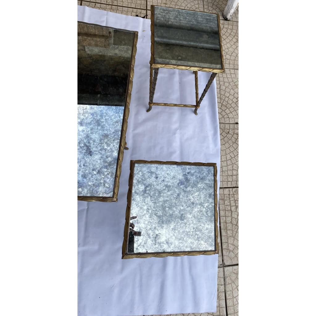 1970′ Table Basse Maison Baguès ou Charles ou Jansen En Bronze Doré Et Ses 4 Tables