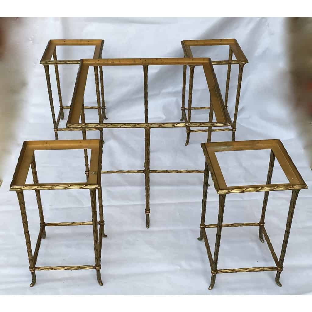 1970′ Table Basse Maison Baguès ou Charles ou Jansen En Bronze Doré Et Ses 4 Tables