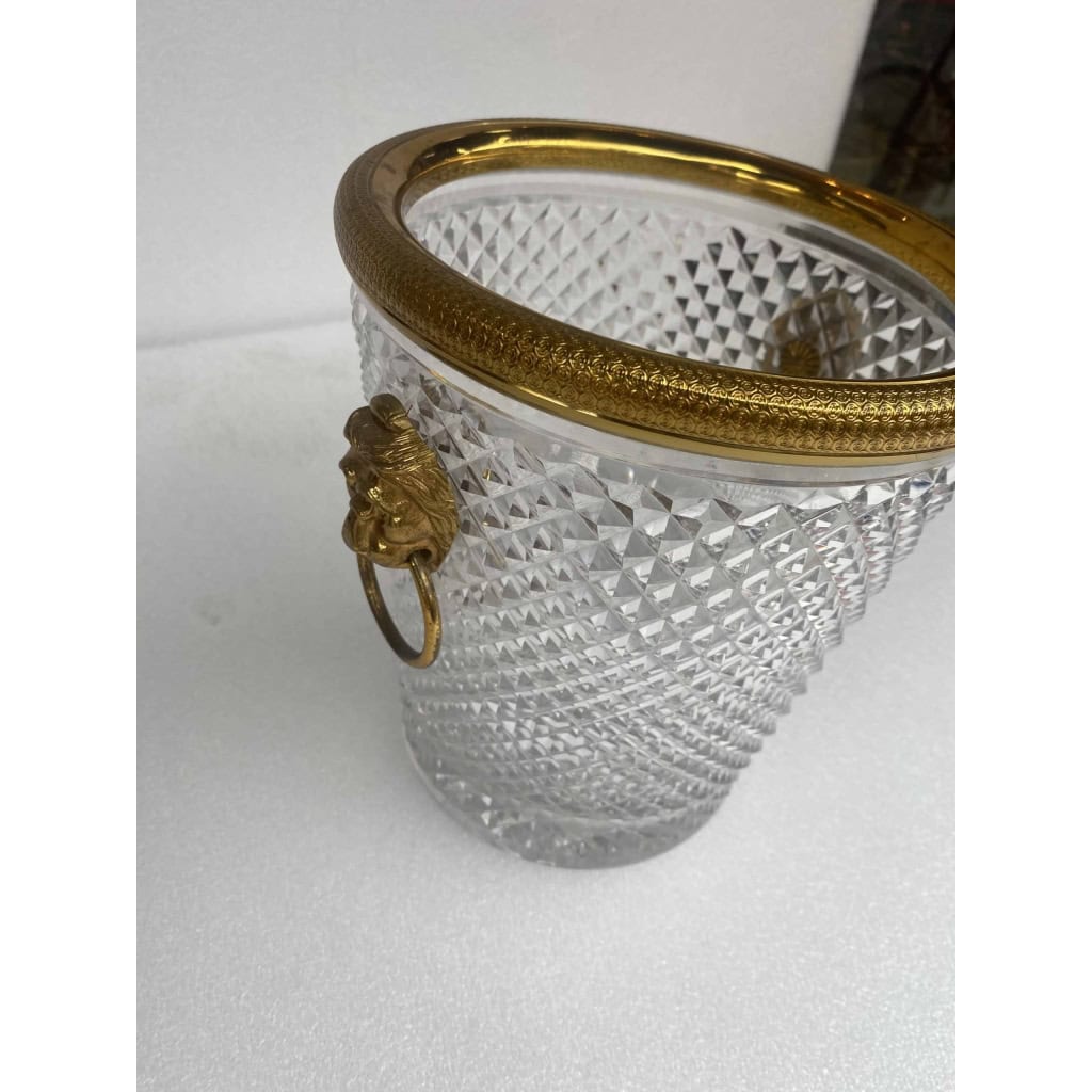 1950-70′ Seau a Champagne Cristal Style St Louis et Bronze Doré Aux têtes de Lion
