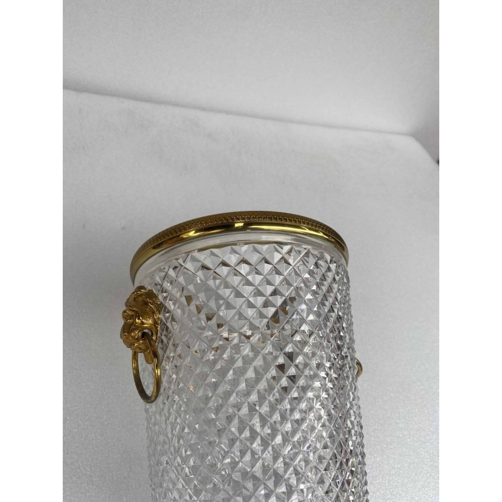 1950-70′ Seau a Champagne Cristal Style St Louis et Bronze Doré Aux têtes de Lion
