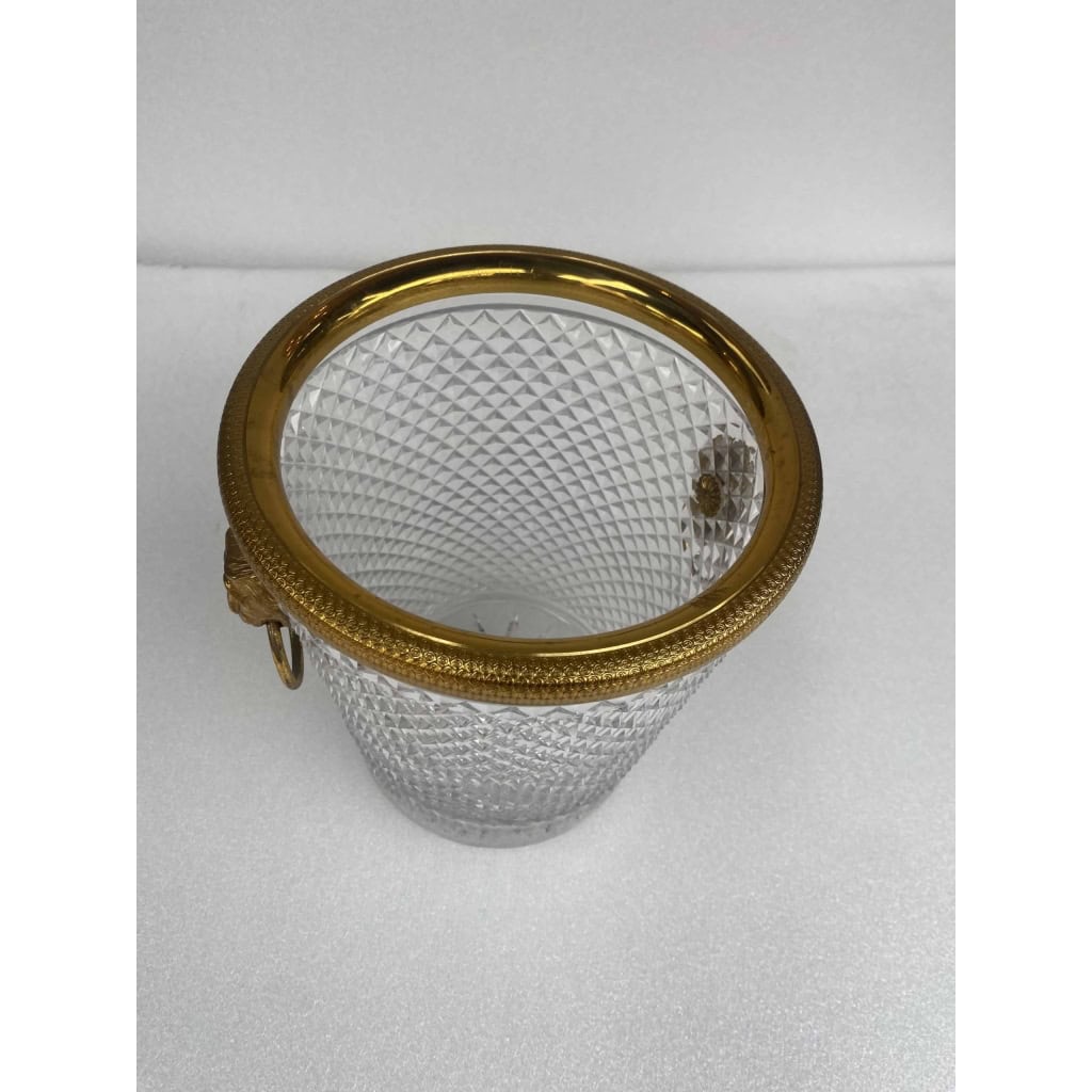 1950-70′ Seau a Champagne Cristal Style St Louis et Bronze Doré Aux têtes de Lion