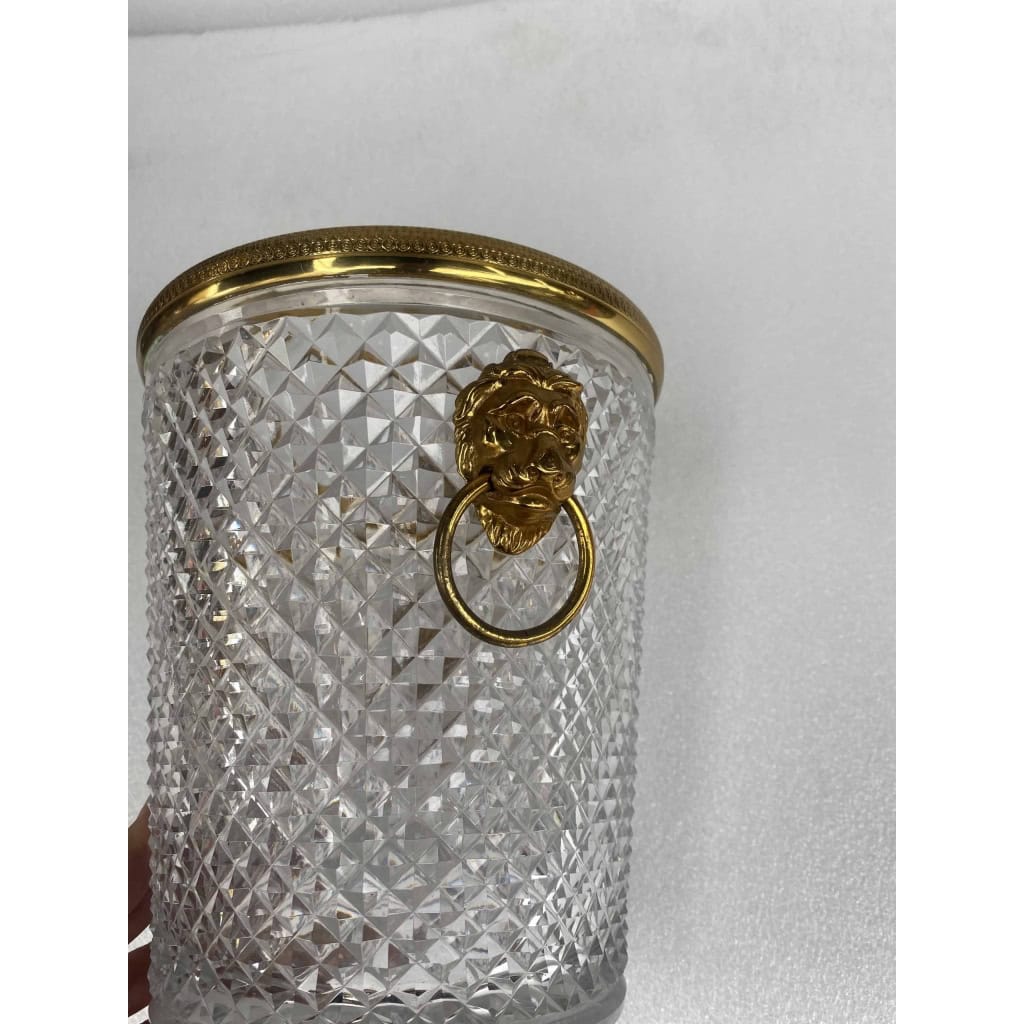 1950-70′ Seau a Champagne Cristal Style St Louis et Bronze Doré Aux têtes de Lion