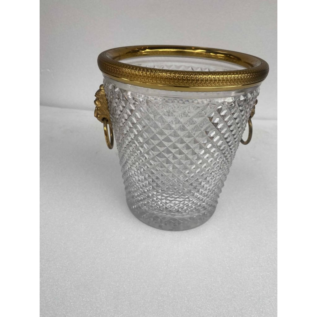 1950-70′ Seau a Champagne Cristal Style St Louis et Bronze Doré Aux têtes de Lion