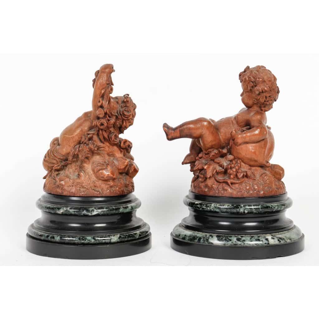 Les Enfants de Bacchus, Paire de Putti en bois sculpté XIXème Siècle