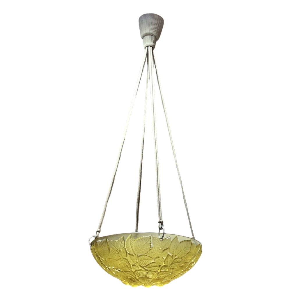 Suspension Plafonnier Lustre « Charmes » verre jaune de René LALIQUE | Biron |||||