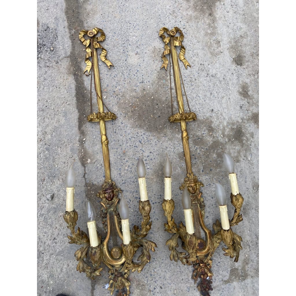 1890/1900′ Paire d’appliques Style Louis 16 Bronze Doré d’aprés Gouthiere | Biron 1890/1900′ Paire d’appliques Style Louis 16 Bronze Doré d’aprés Gouthiere