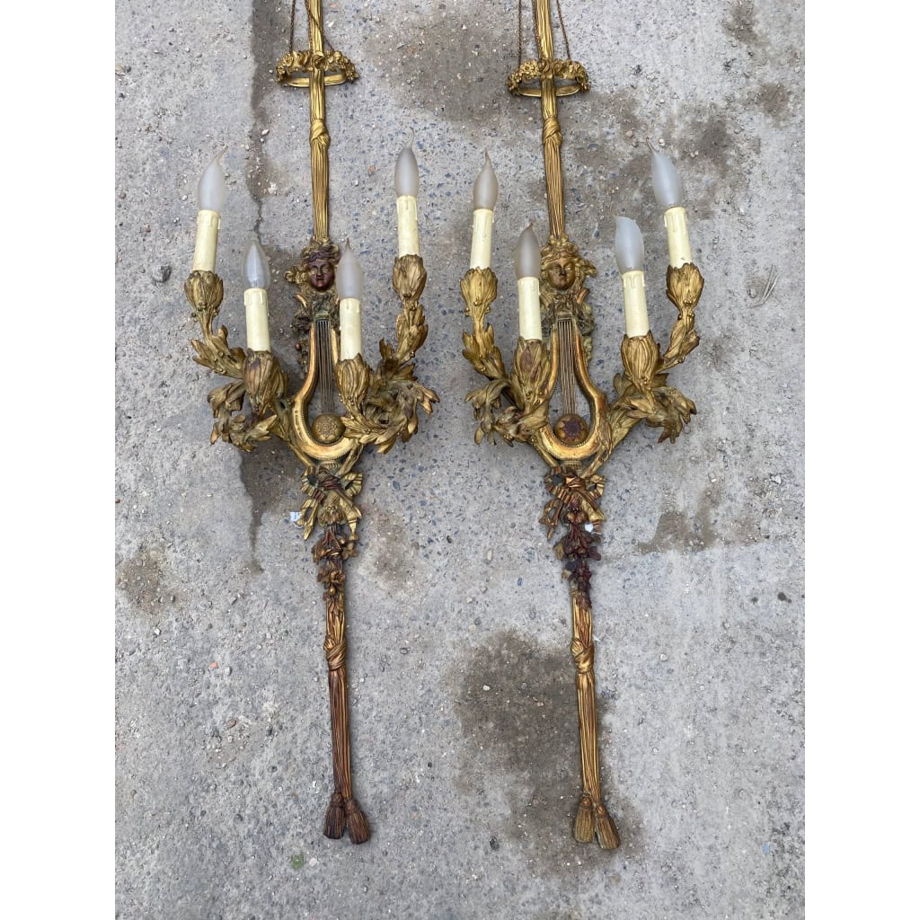 1890/1900′ Paire d’appliques Style Louis 16 Bronze Doré d’aprés Gouthiere | Biron 1890/1900′ Paire d’appliques Style Louis 16 Bronze Doré d’aprés Gouthiere