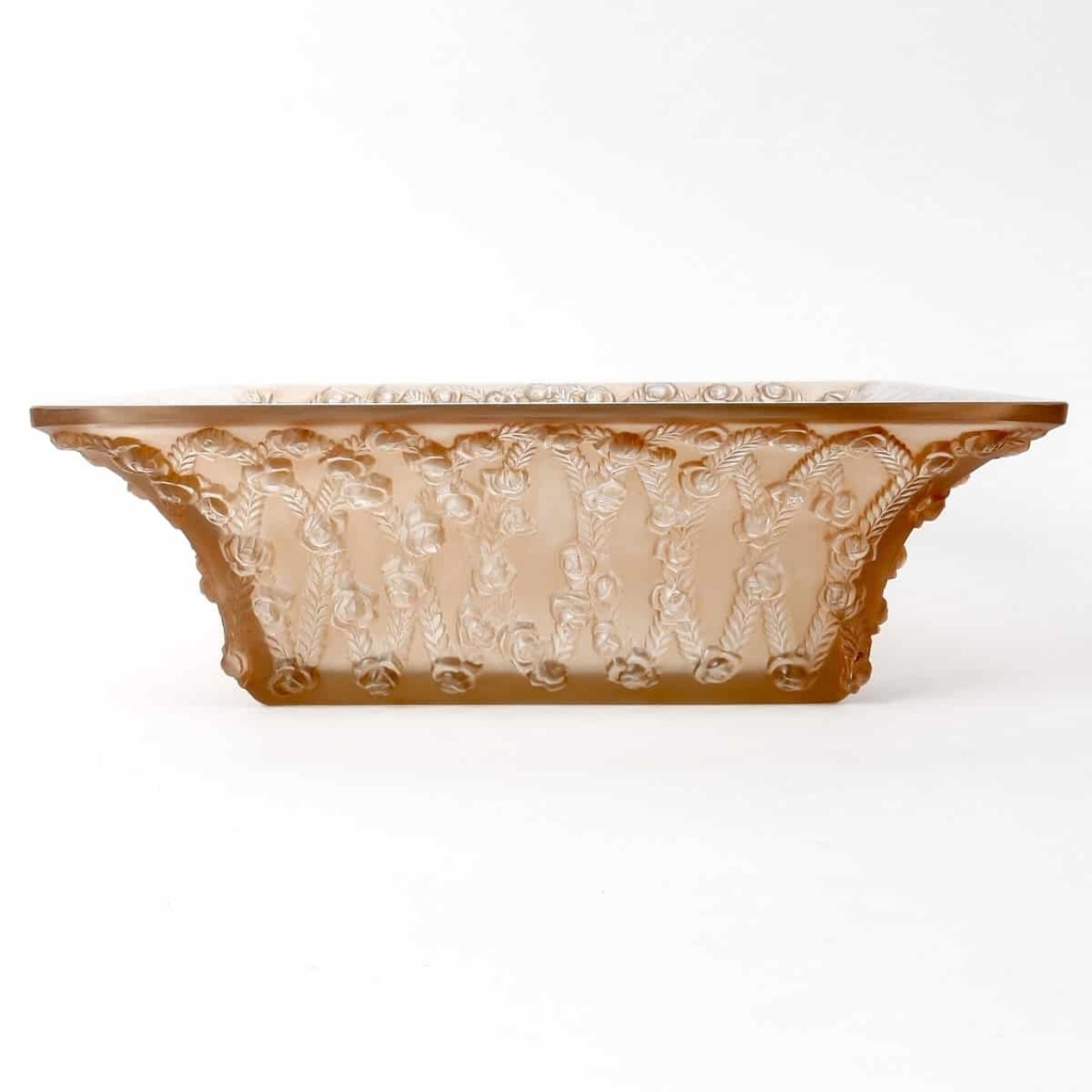 Coupe « Roses » verre blanc patiné sépia de René LALIQUE | Biron Coupe "Roses" verre blanc patiné sépia de René LALIQUE