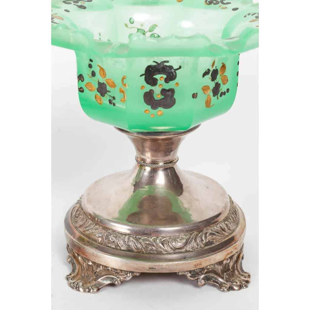 Set de confiturier en opaline vert émaillé du XIXème siècle avec base en argent | Biron Set de confiturier en opaline vert émaillé du XIXème siècle avec base en argent