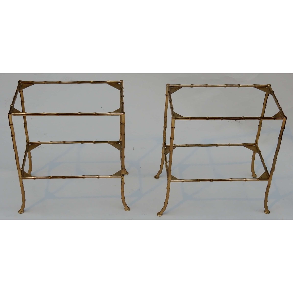 1950/70′ Paire de Tables en Bronze Doré à 2 Niveaux Maison Baguès Plateaux Miroirs Vieillis Oxydés