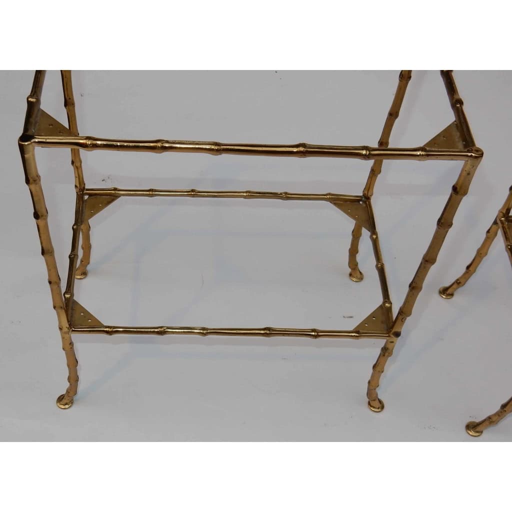1950/70′ Paire de Tables en Bronze Doré à 2 Niveaux Maison Baguès Plateaux Miroirs Vieillis Oxydés