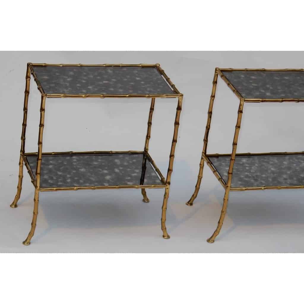 1950/70′ Paire de Tables en Bronze Doré à 2 Niveaux Maison Baguès Plateaux Miroirs Vieillis Oxydés