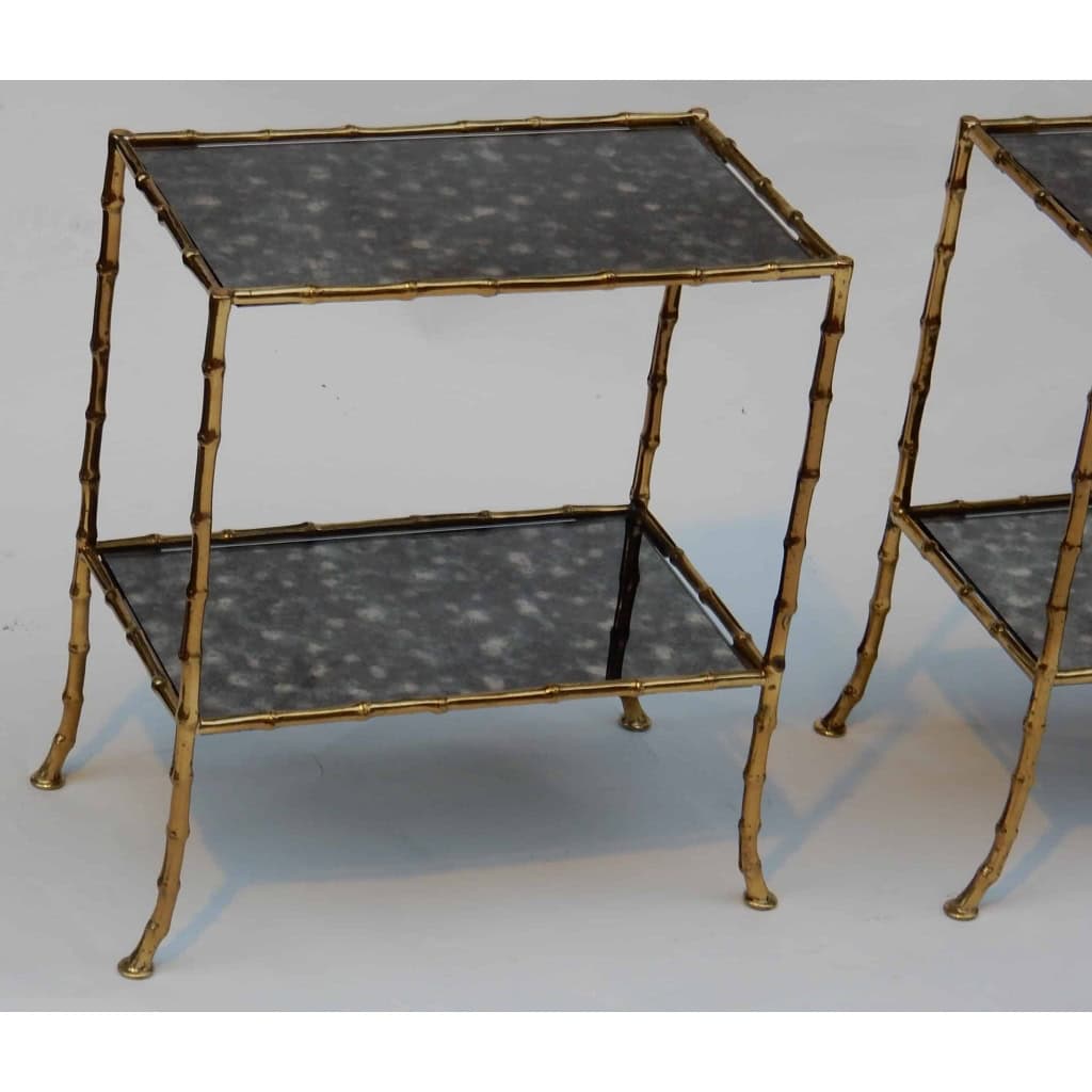 1950/70′ Paire de Tables en Bronze Doré à 2 Niveaux Maison Baguès Plateaux Miroirs Vieillis Oxydés