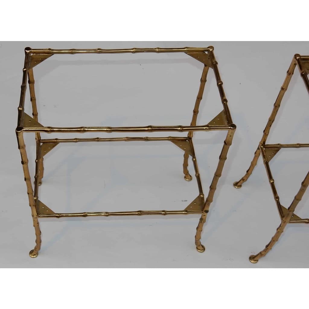 1950/70′ Paire de Tables en Bronze Doré à 2 Niveaux Maison Baguès Plateaux Miroirs Vieillis Oxydés