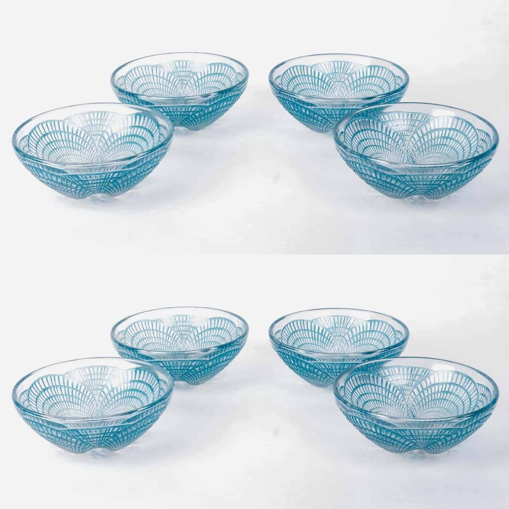 Service « Coquilles » verre blanc patiné bleu de René LALIQUE – 8 Pièces | Biron Service "Coquilles" verre blanc patiné bleu de René LALIQUE - 8 Pièces