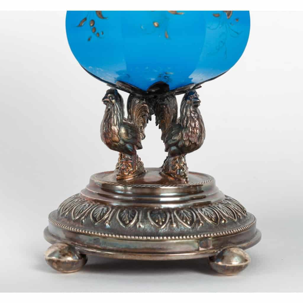 Set de confiturier en opaline bleu émaillé du XIXème siècle avec base en argent.