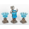 Set de confiturier en opaline bleu émaillé du XIXème siècle avec base en argent.