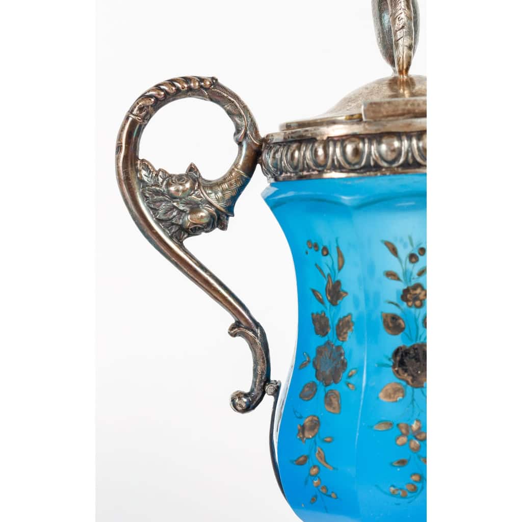 Set de confiturier en opaline bleu émaillé du XIXème siècle avec base en argent.