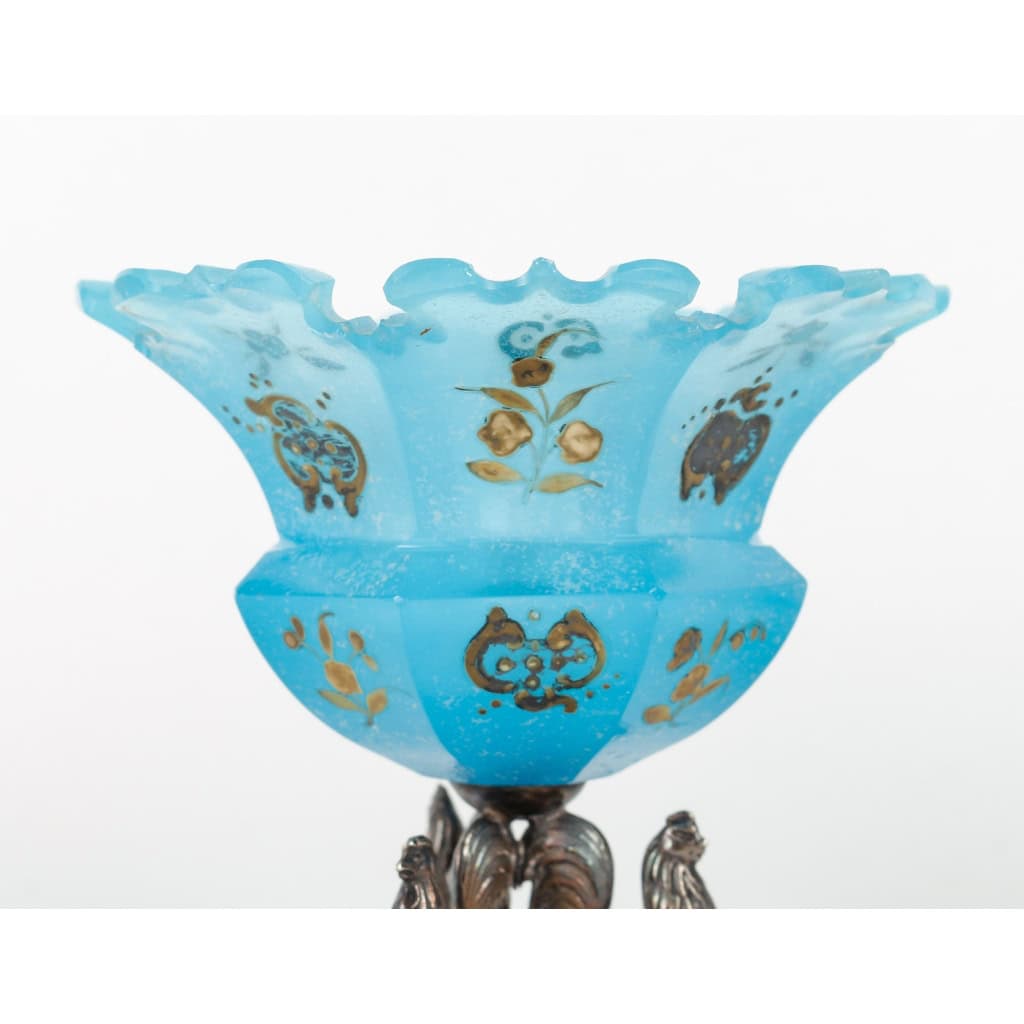 Set de confiturier en opaline bleu émaillé du XIXème siècle avec base en argent.