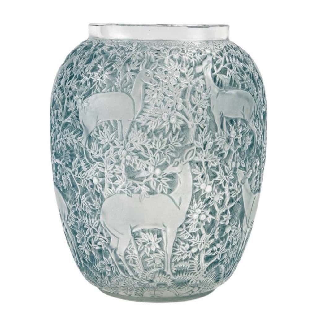 Vase « Biches » verre blanc patiné bleu de René LALIQUE | Biron ||||||