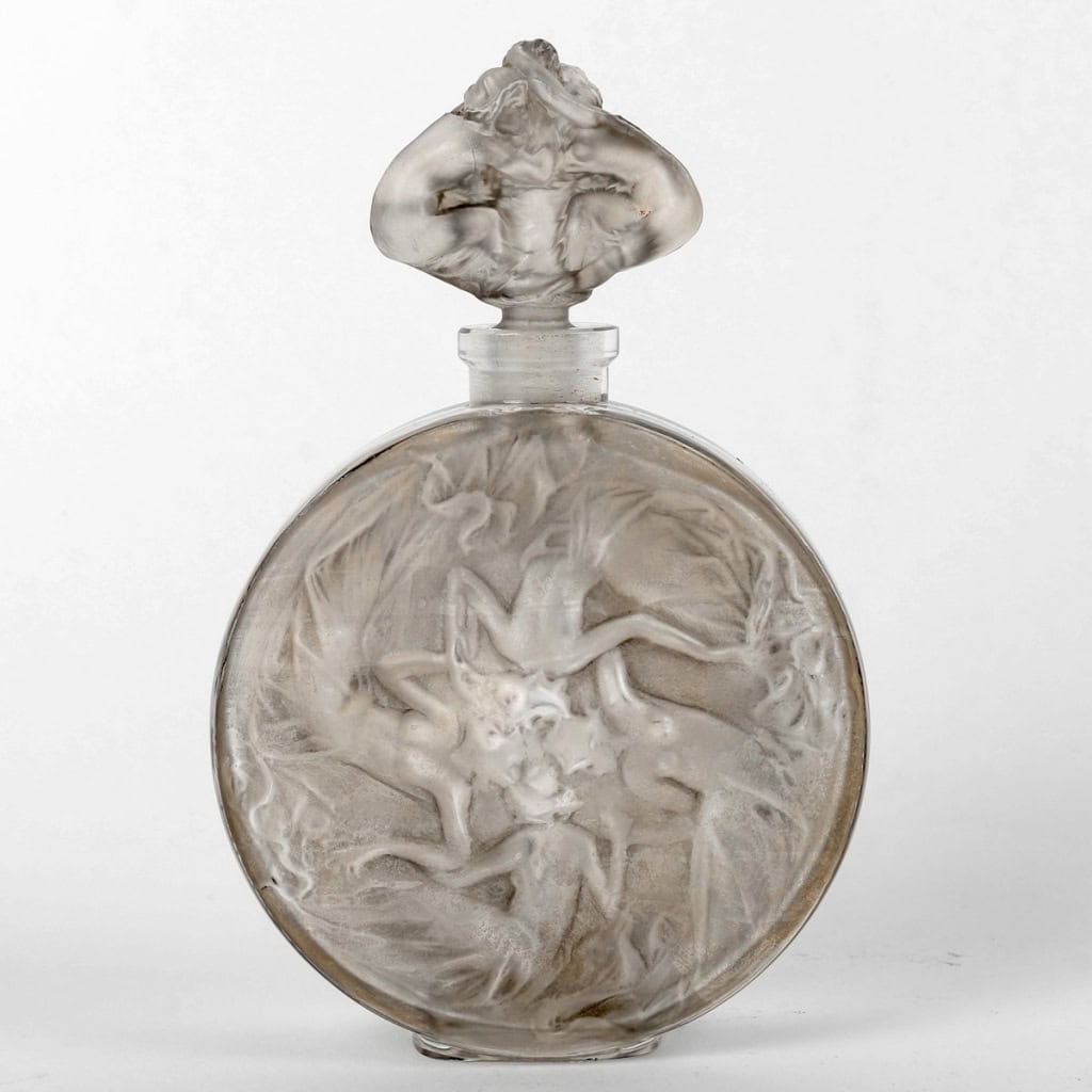 Flacon « Rosace Figurines » verre blanc patiné gris de René LALIQUE | Biron |||||||