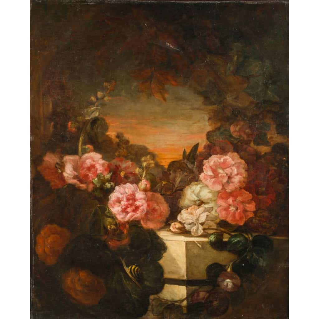 Huile sur toile, fleurs sur entablement, XIXème siècle | Biron Huile sur toile, fleurs sur entablement, XIXème siècle