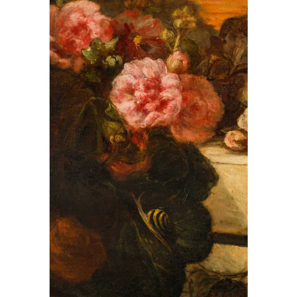 Huile sur toile, fleurs sur entablement, XIXème siècle | Biron Huile sur toile, fleurs sur entablement, XIXème siècle