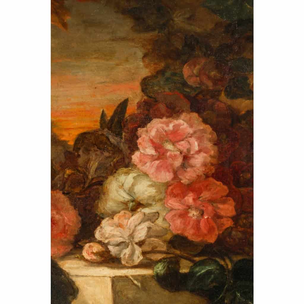 Huile sur toile, fleurs sur entablement, XIXème siècle | Biron Huile sur toile, fleurs sur entablement, XIXème siècle