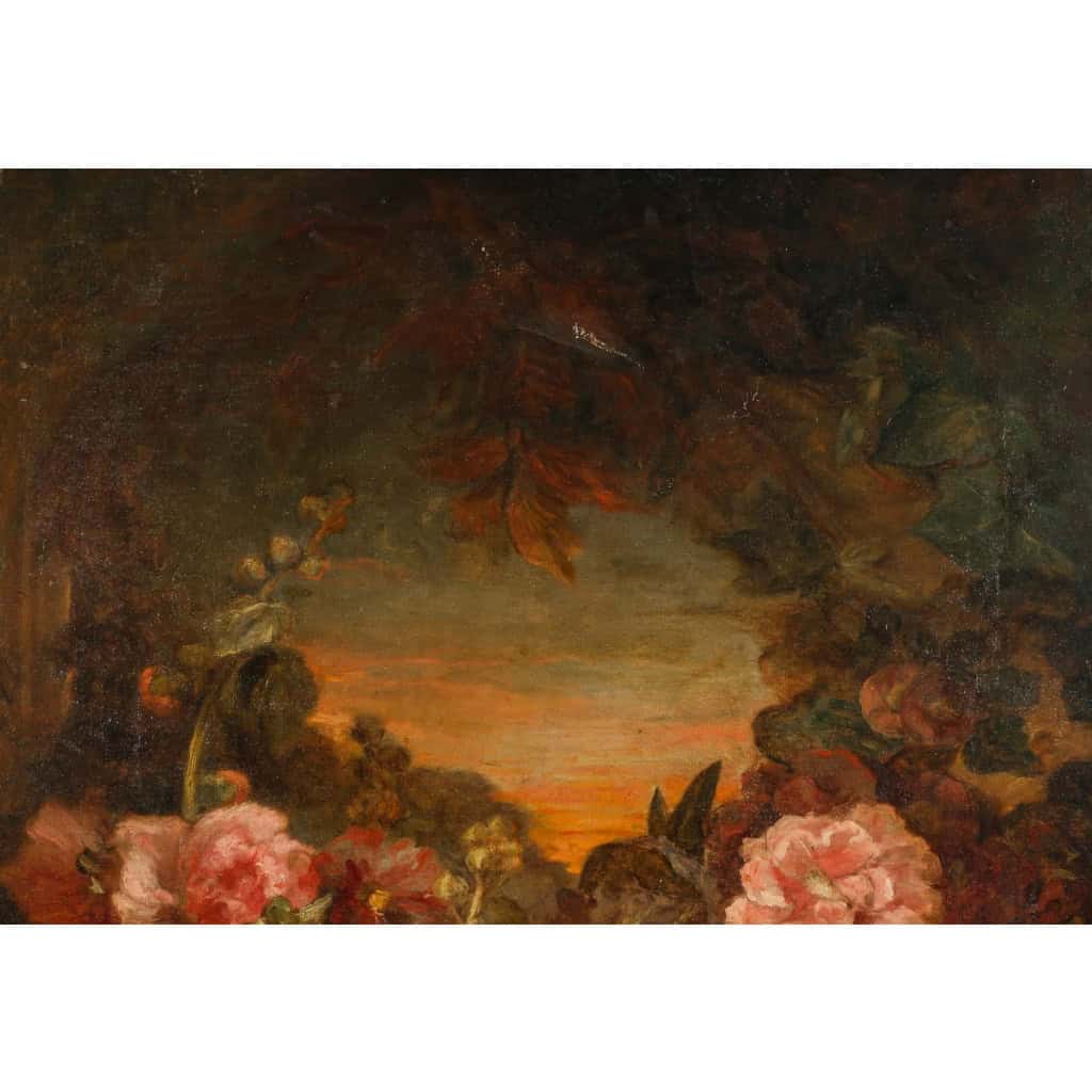 Huile sur toile, fleurs sur entablement, XIXème siècle | Biron Huile sur toile, fleurs sur entablement, XIXème siècle