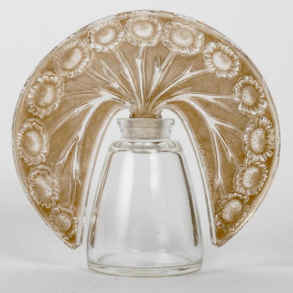 Flacon Tiare « Pâquerettes » verre blanc patiné sépia de René LALIQUE pour Roger et Gallet | Biron ||||||