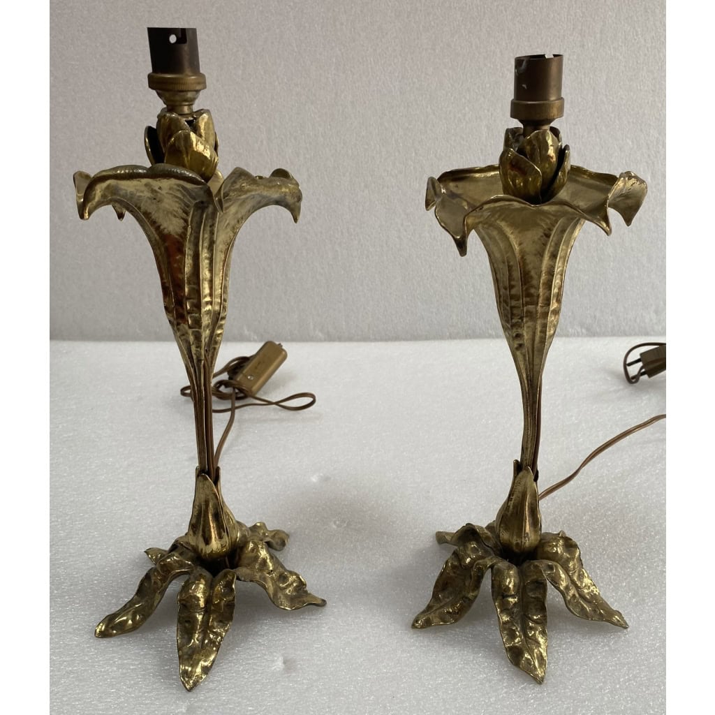 1900′ Paire De Lampes Fleurs En Bronze | Biron ||||||||||