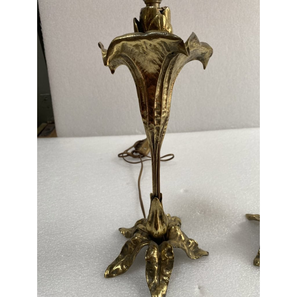 1900′ Paire De Lampes Fleurs En Bronze | Biron 1900′ Paire De Lampes Fleurs En Bronze