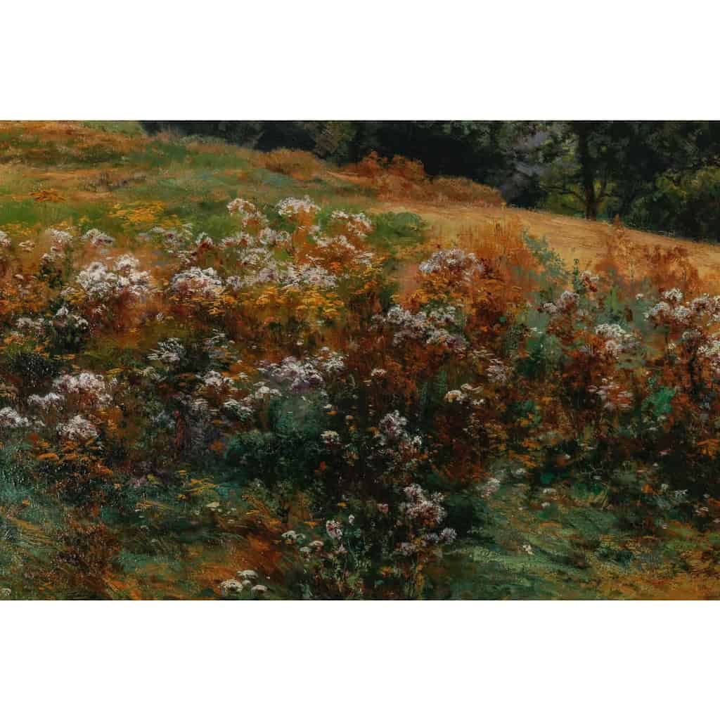 Huile sur toile, Paysage de verdure et fleurs, signeé et datée, Maurice Lessertieux, 1898 | Biron Huile sur toile, Paysage de verdure et fleurs, signeé et datée, Maurice Lessertieux, 1898