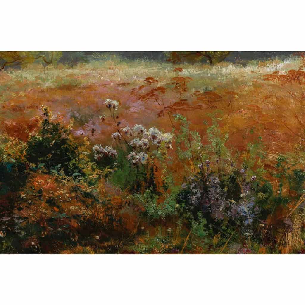 Huile sur toile, Paysage de verdure et fleurs, signeé et datée, Maurice Lessertieux, 1898 | Biron Huile sur toile, Paysage de verdure et fleurs, signeé et datée, Maurice Lessertieux, 1898