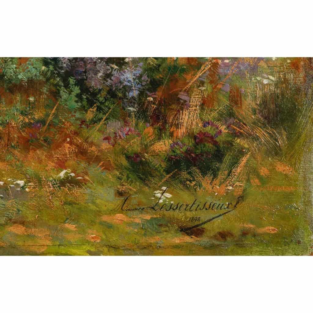 Huile sur toile, Paysage de verdure et fleurs, signeé et datée, Maurice Lessertieux, 1898 | Biron Huile sur toile, Paysage de verdure et fleurs, signeé et datée, Maurice Lessertieux, 1898