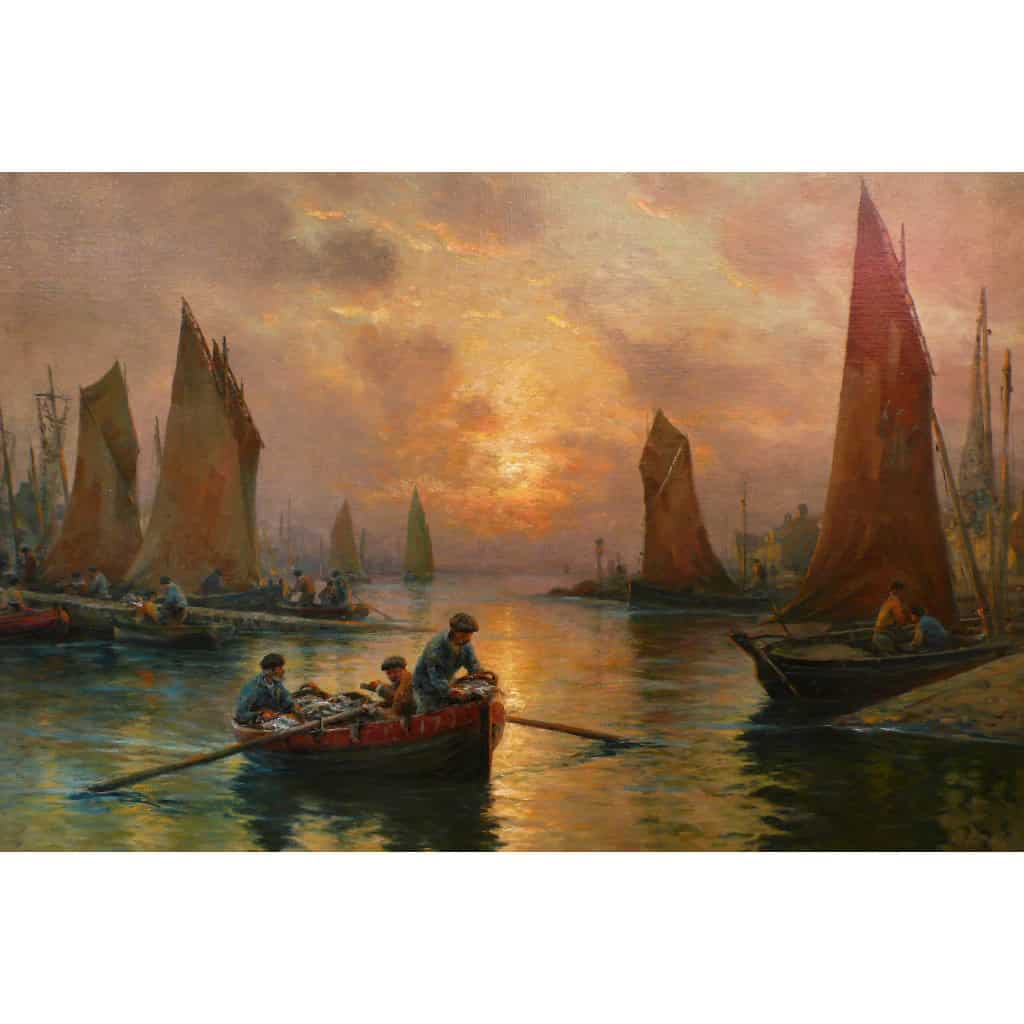 MARONIEZ GEORGES PEINTURE FRANCAISE FIN XIXème SIECLE LE RETOUR DES PECHEURS HUILE SUR TOILE SIGNEE