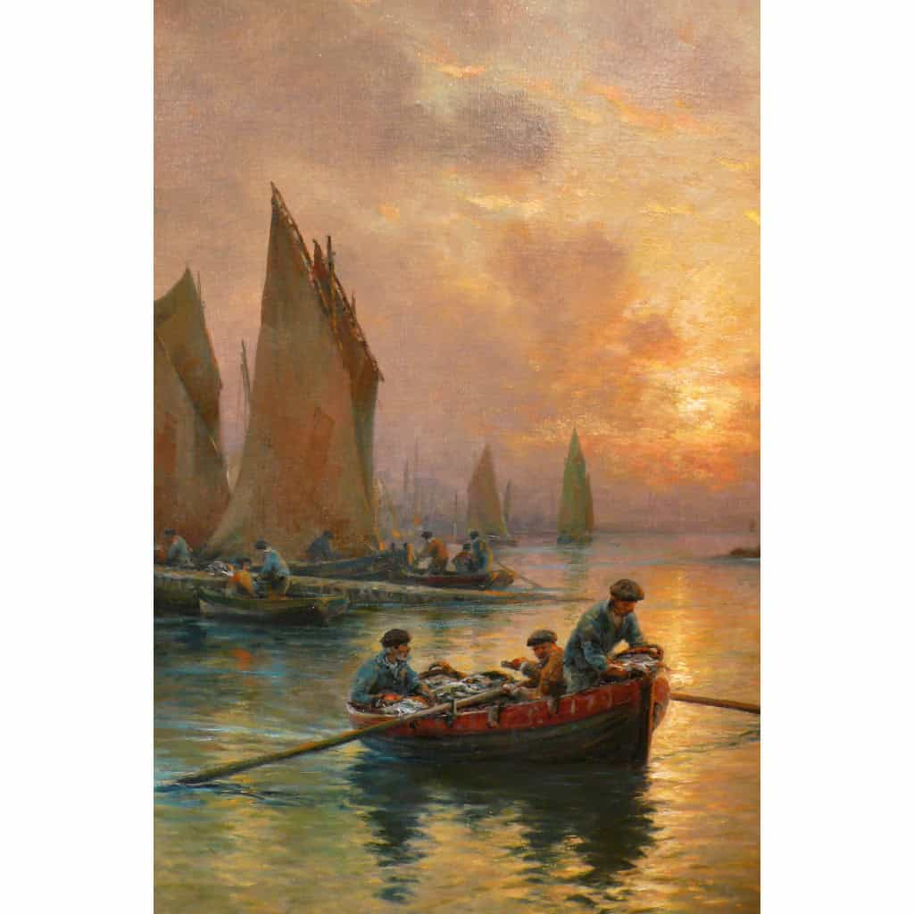 MARONIEZ GEORGES PEINTURE FRANCAISE FIN XIXème SIECLE LE RETOUR DES PECHEURS HUILE SUR TOILE SIGNEE