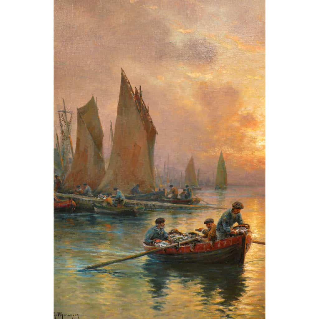 MARONIEZ GEORGES PEINTURE FRANCAISE FIN XIXème SIECLE LE RETOUR DES PECHEURS HUILE SUR TOILE SIGNEE