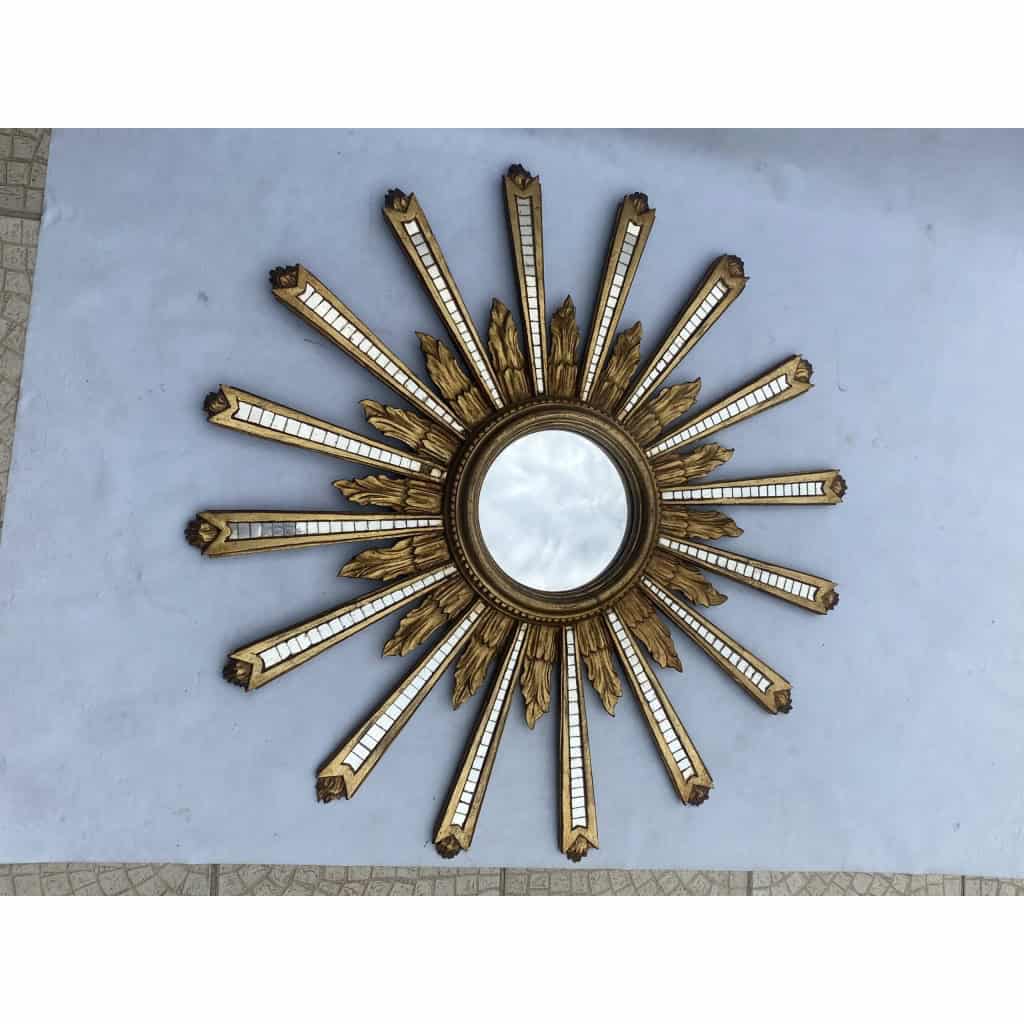 1950/70′ Miroir Soleil Bois Doré Convexe Patiné Avec Incrustations De Miroirs | Biron 1950/70′ Miroir Soleil Bois Doré Convexe Patiné Avec Incrustations De Miroirs