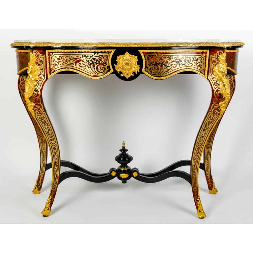 Importante Console en marqueterie dite Boulle et dessus en marbre blanc de Carrare | Biron ||||||||||||