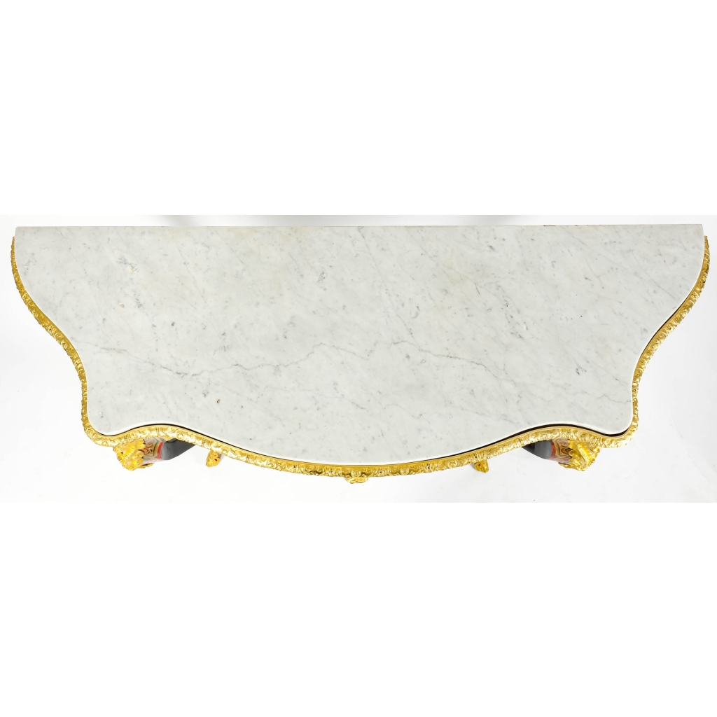 Importante Console en marqueterie dite Boulle et dessus en marbre blanc de Carrare | Biron Importante Console en marqueterie dite Boulle et dessus en marbre blanc de Carrare