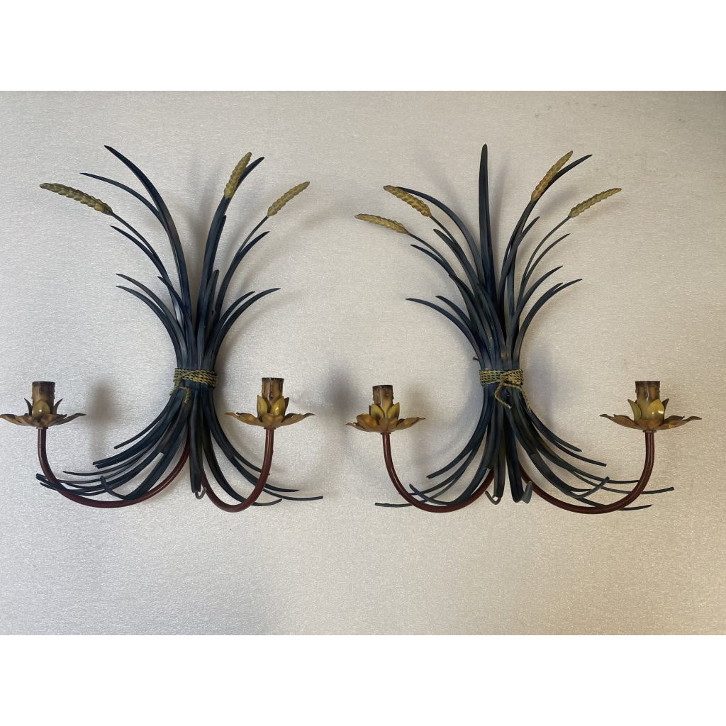1970′ Paire D’Appliques Gerbe De Blé En Metal Peint | Biron ||||||||||