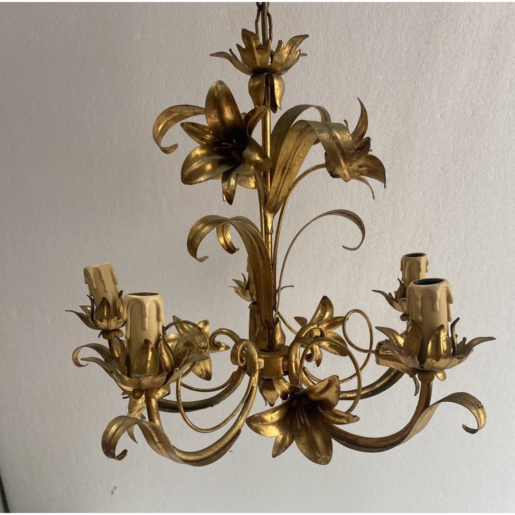 1970′ Lustre Aux Liserons Fer Doré 5 Bras | Biron ||||||||||