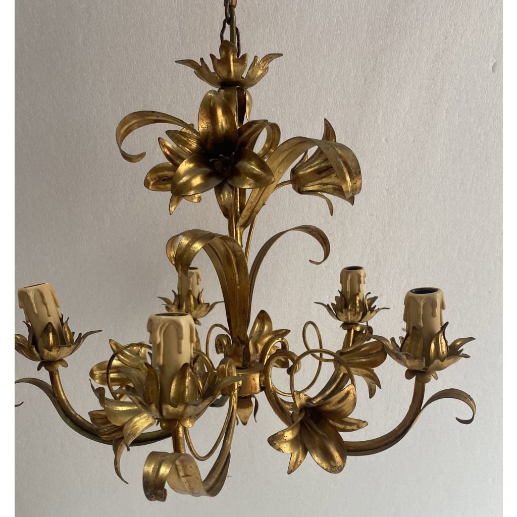 1970′ Lustre Aux Liserons Fer Doré 5 Bras | Biron 1970′ Lustre Aux Liserons Fer Doré 5 Bras